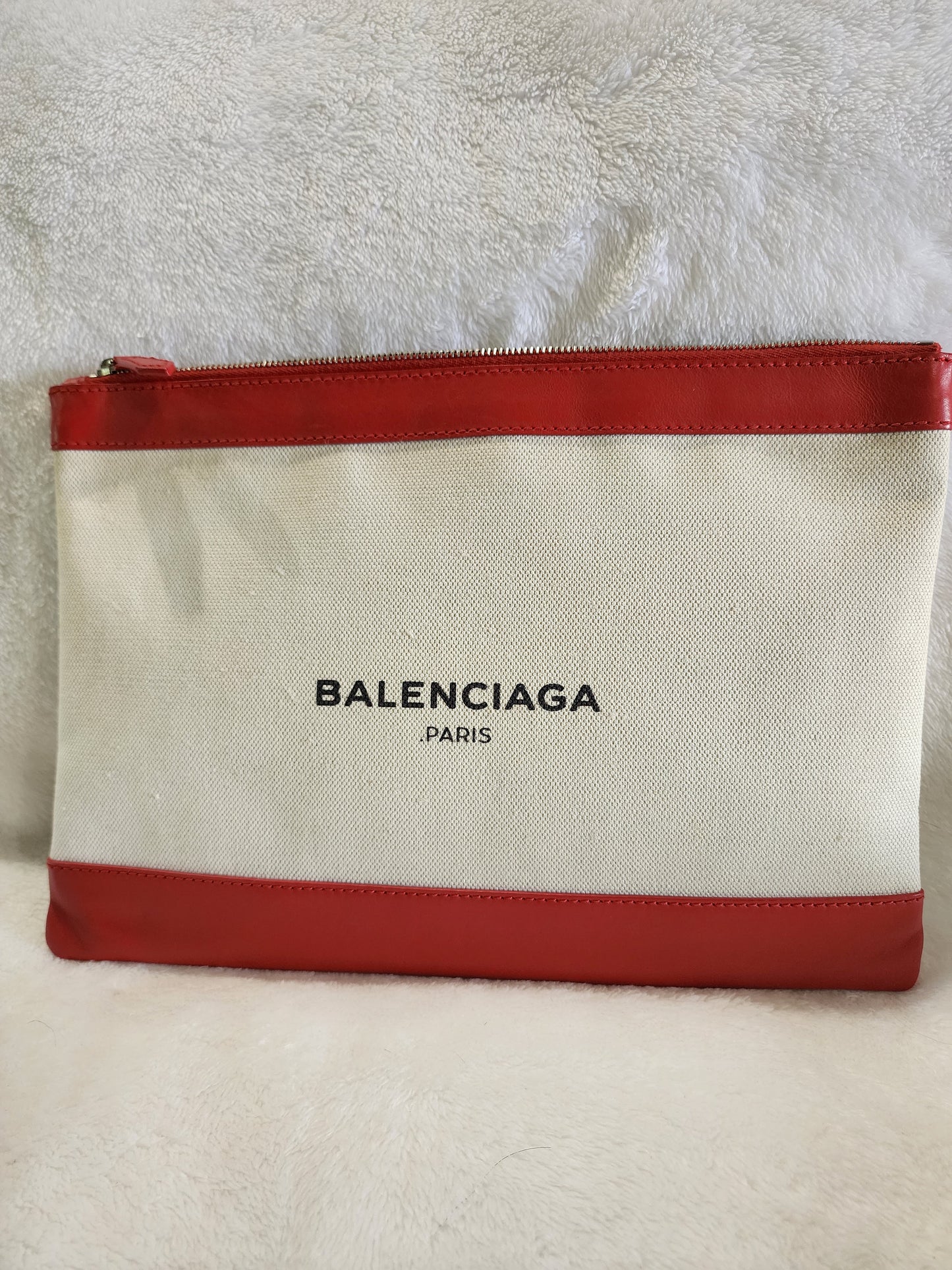 Balenciaga Canvas and Red Leather Zip Clutch