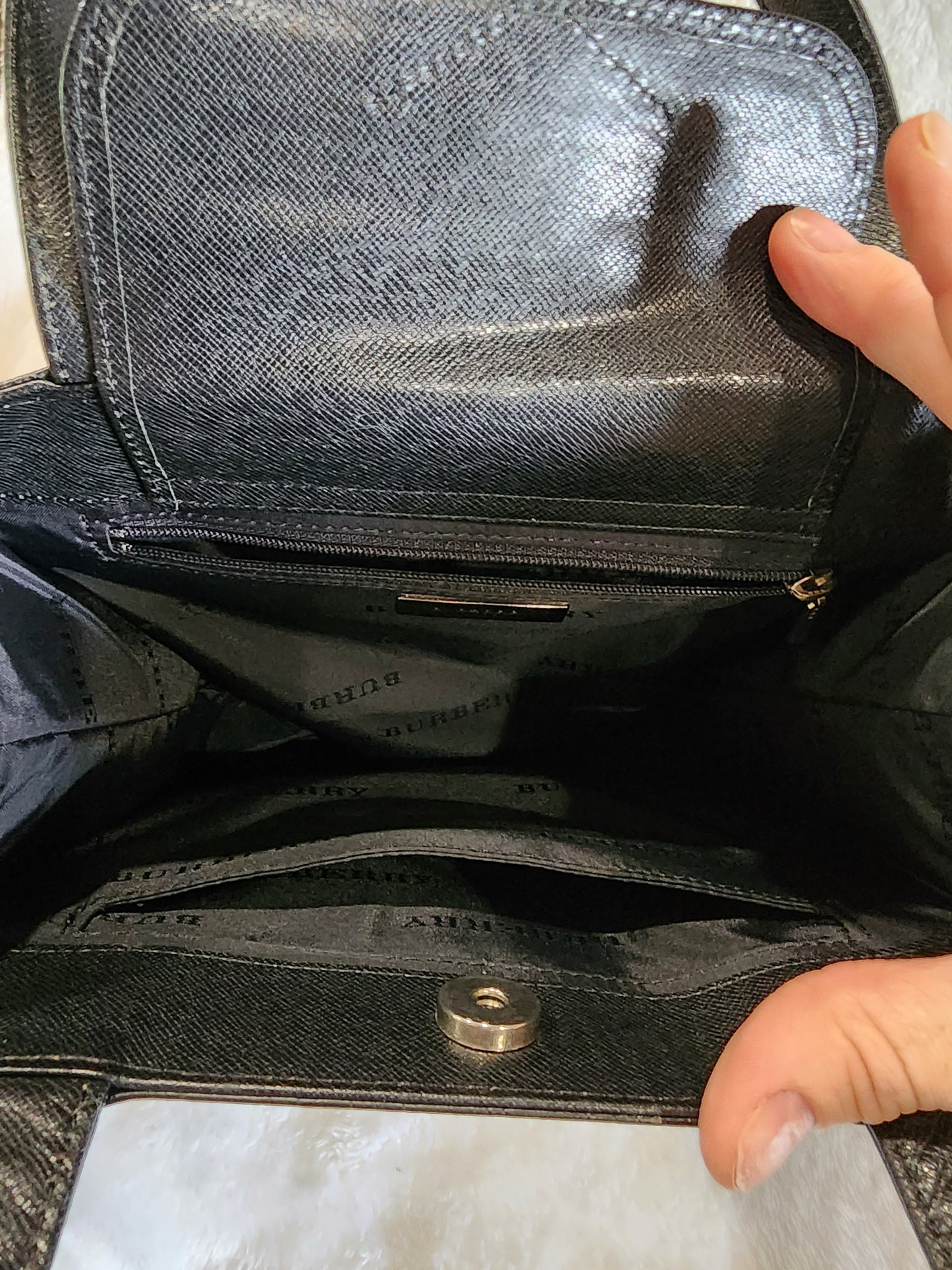 Burberry Vertical Front Pocket Tote in Embossed Check and Black Leather