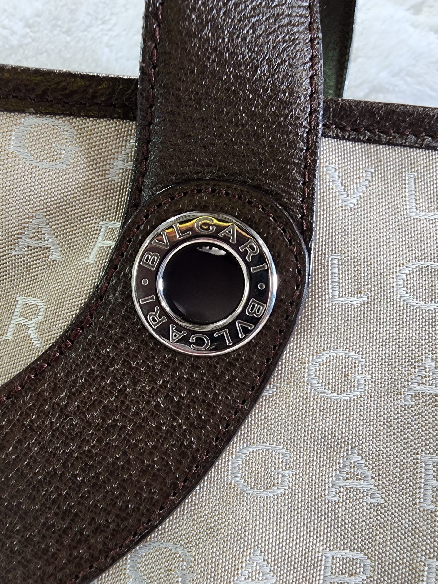 BVLGARI Logomania Handbag in Beige Canvas and Brown Leather
