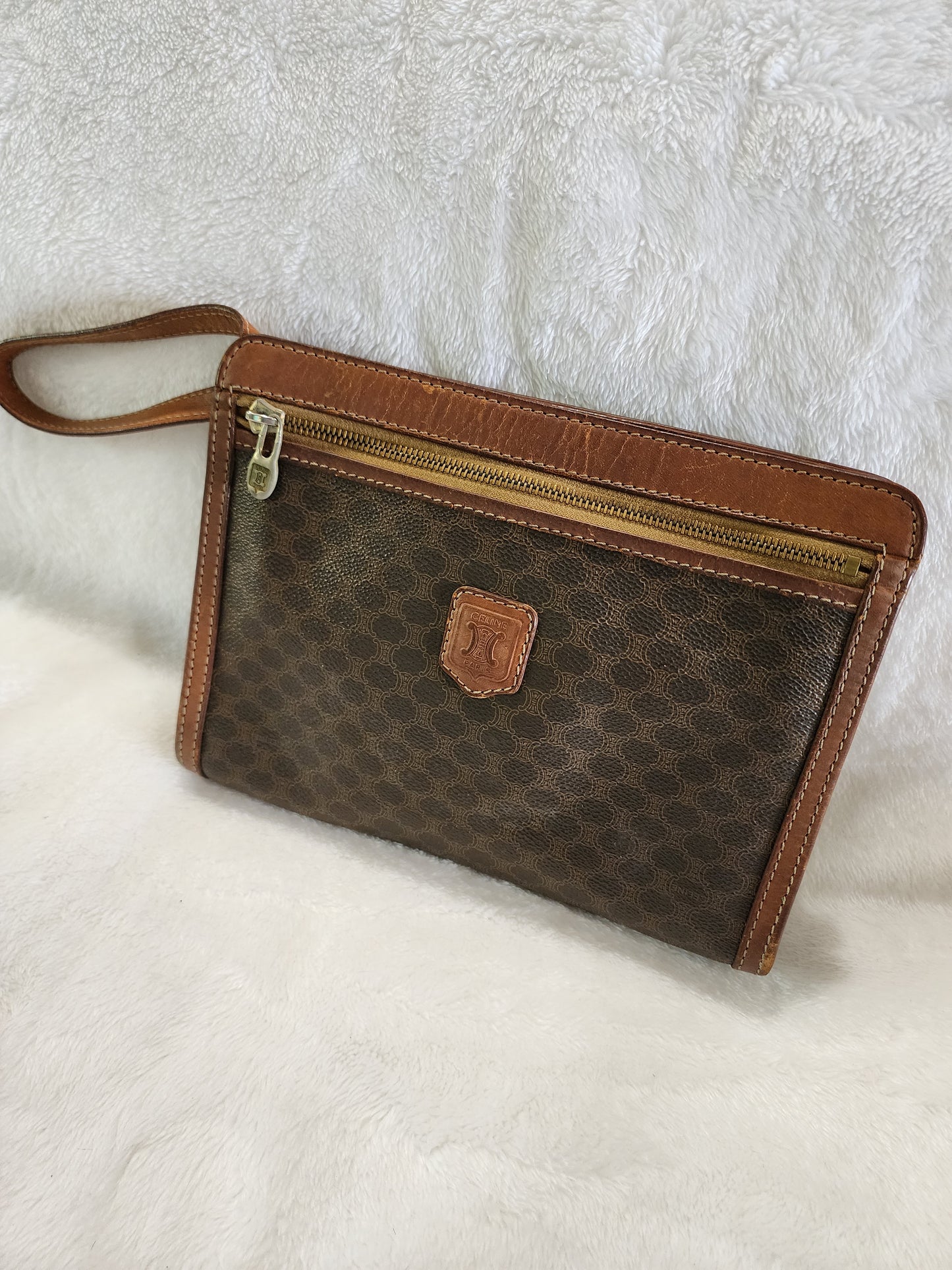 Celine Macadam Wristlet Pouch in Brown Coated Canvas and Leather