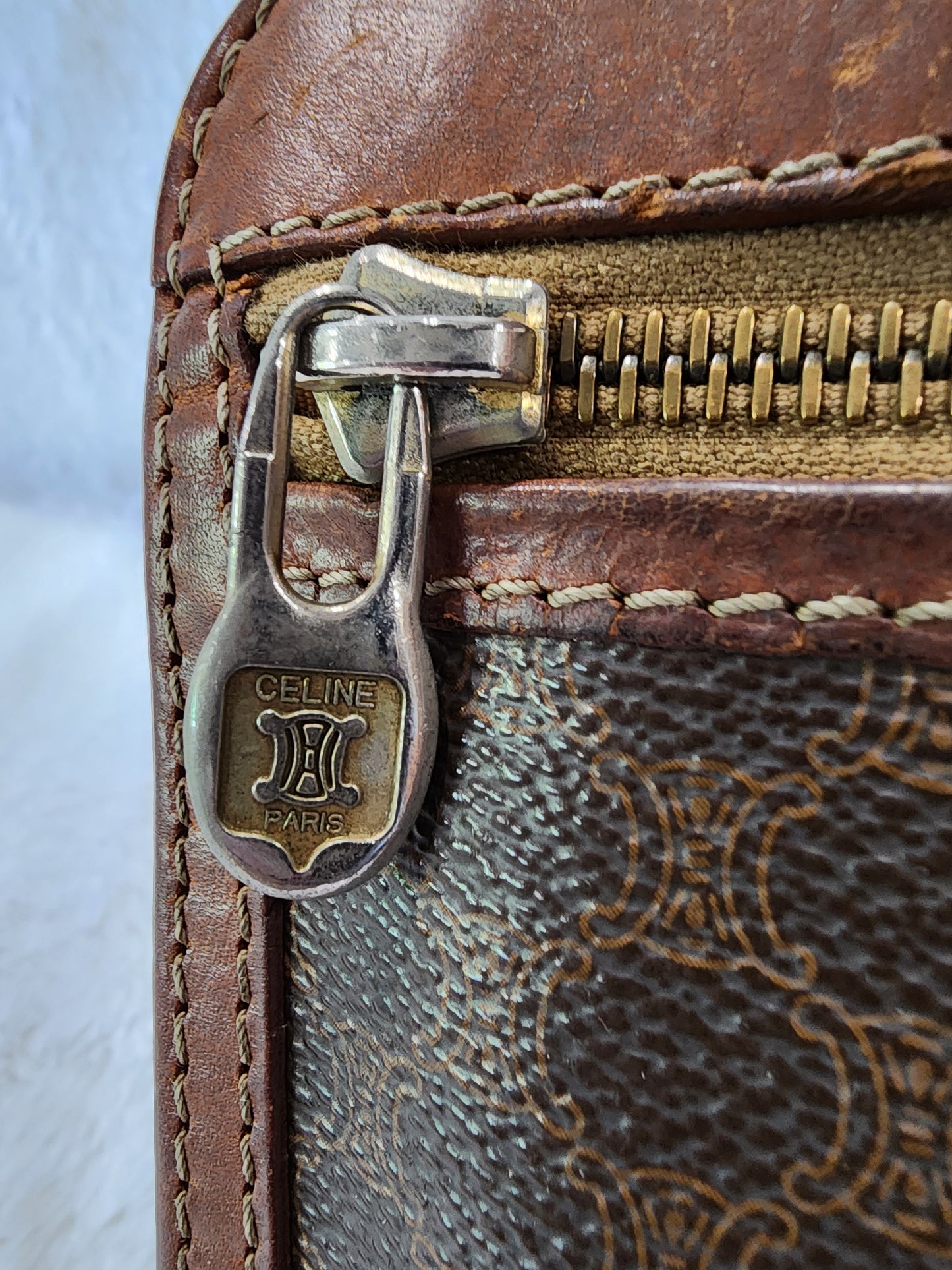 Celine Macadam Wristlet Pouch in Brown Coated Canvas and Leather
