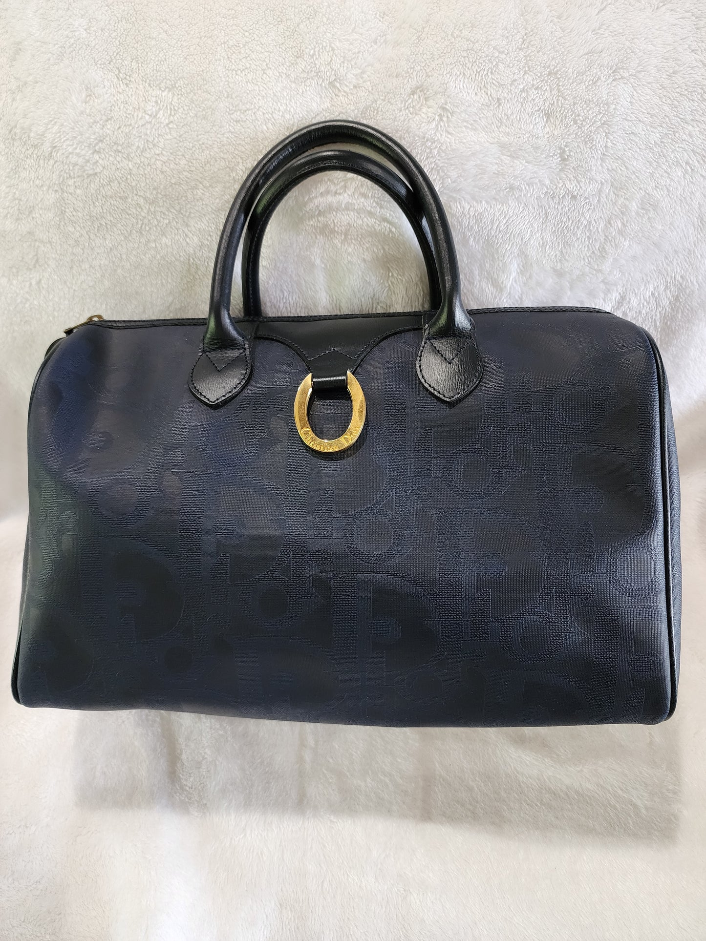Christian Dior Coated Canvas Boston Bag Diorissimo PVC Leather Navy Gold Vintage