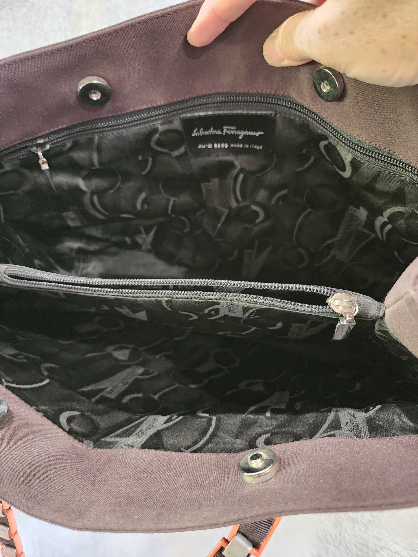 Salvatore Ferragamo Tote Bag in Brown Nylon with Orange Vara Chain Straps