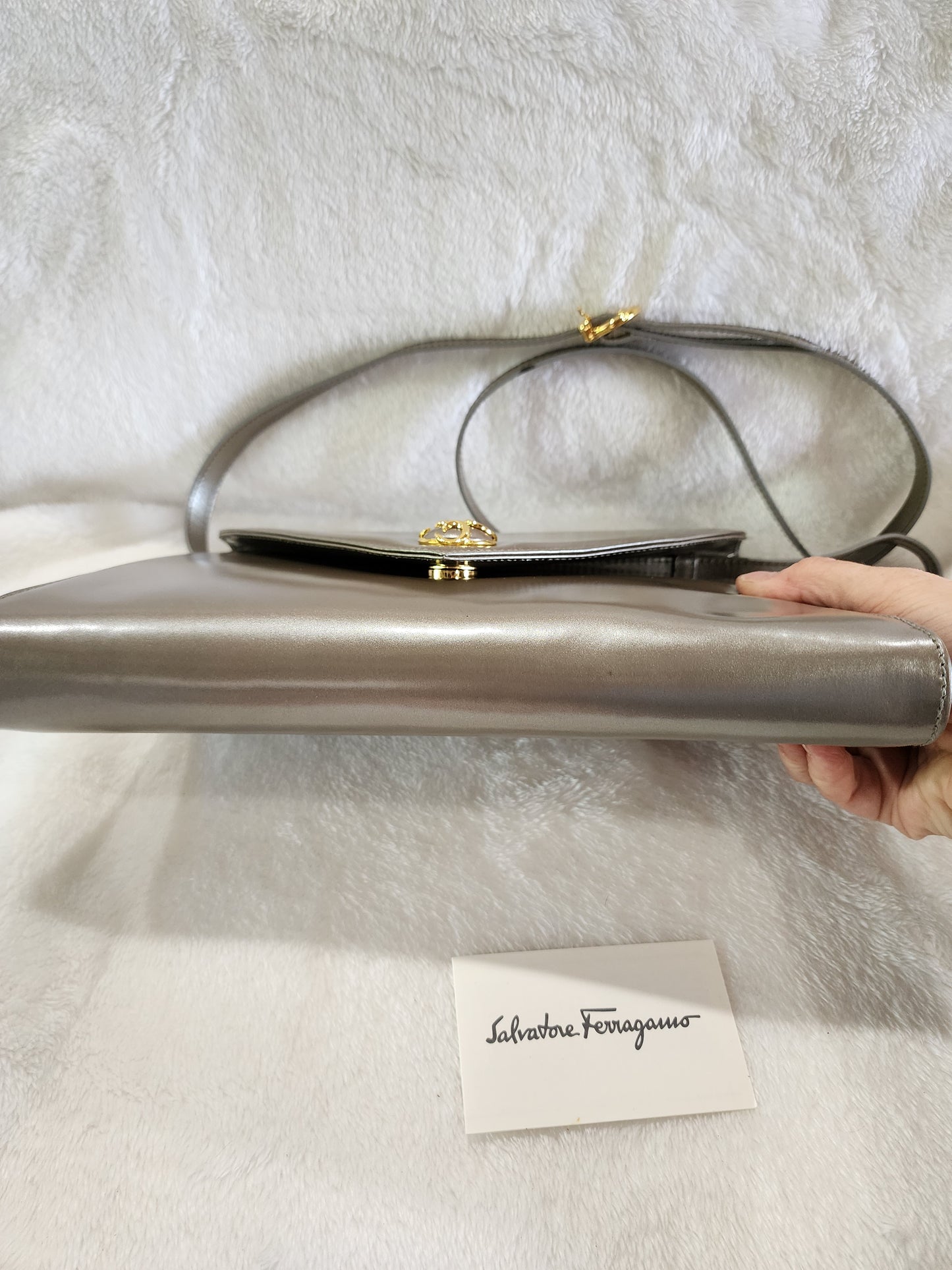 Salvatore Ferragamo Crossbody Bag in Pearlized Taupe Leather