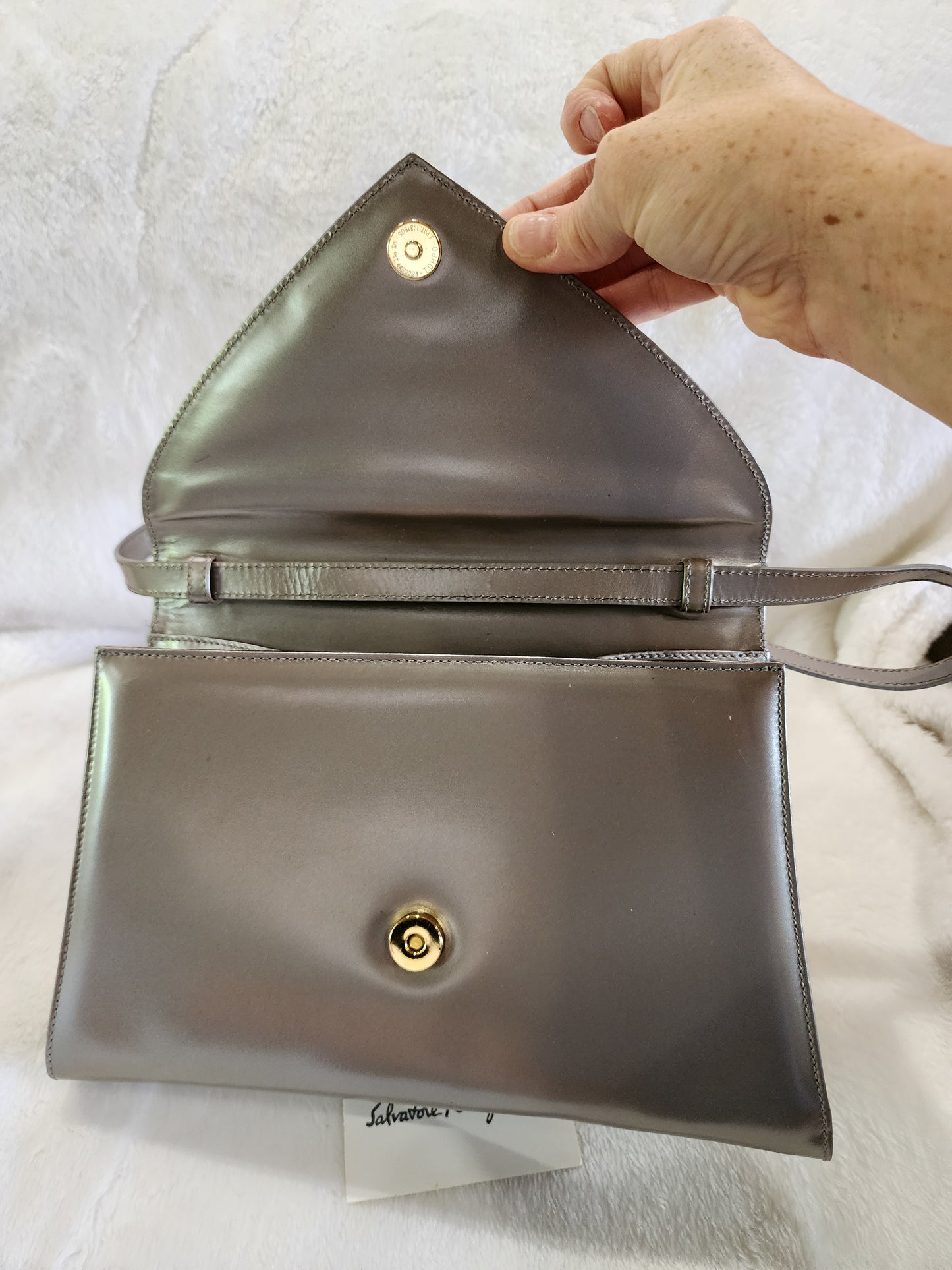 Salvatore Ferragamo Crossbody Bag in Pearlized Taupe Leather
