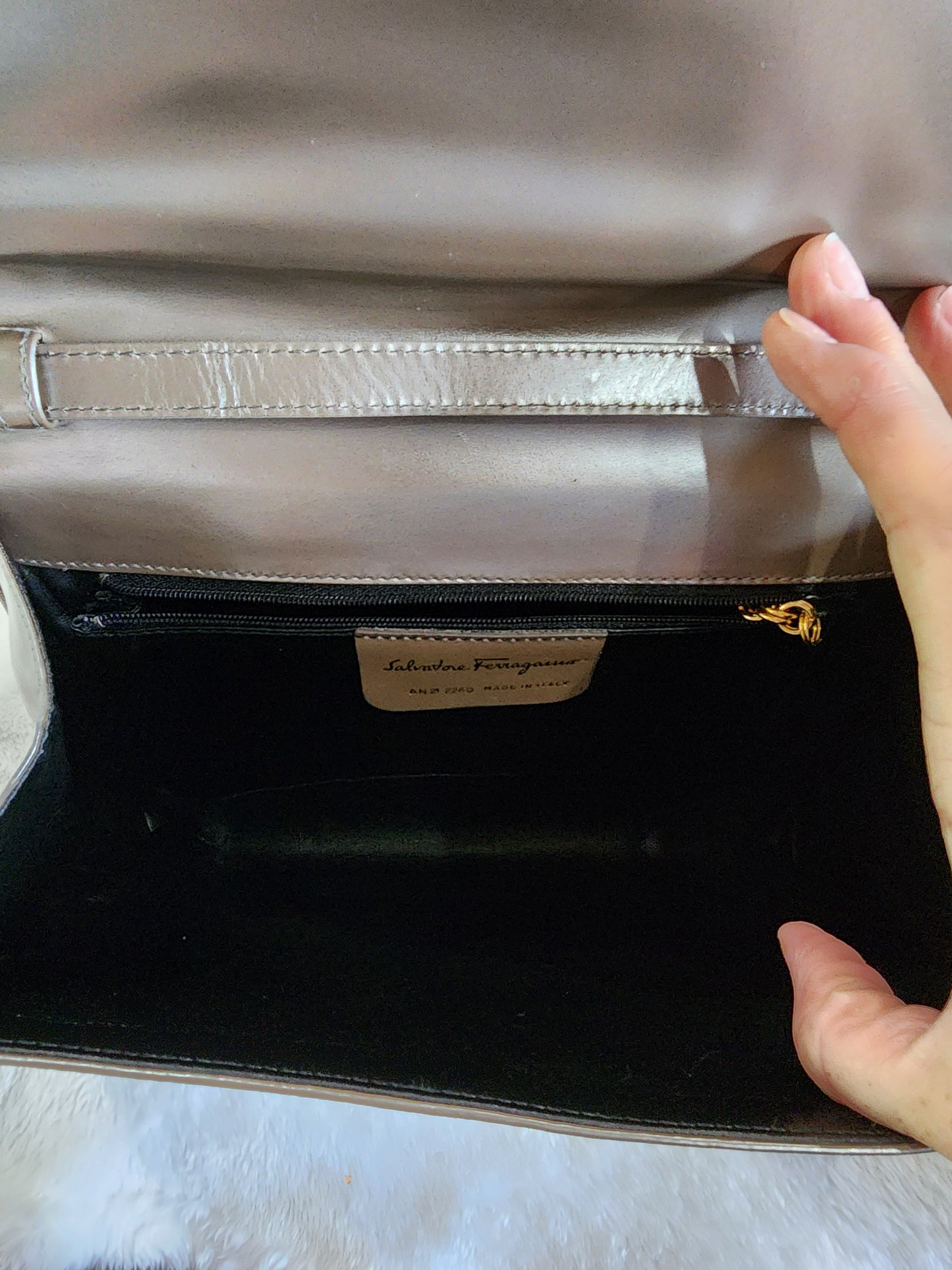 Salvatore Ferragamo Crossbody Bag in Pearlized Taupe Leather