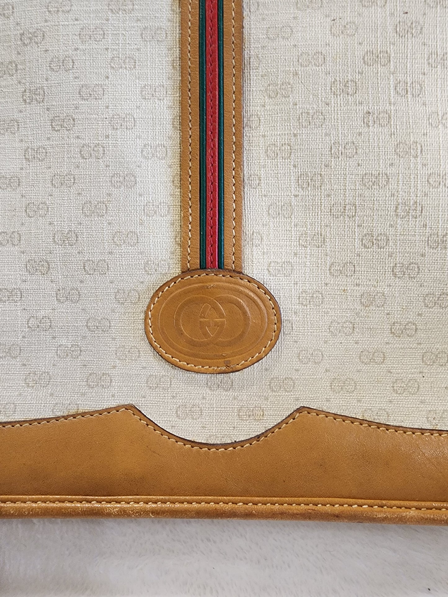 Gucci Vintage Handbag Cream Coated Canvas with Micro GG and Caramel Leather Trim