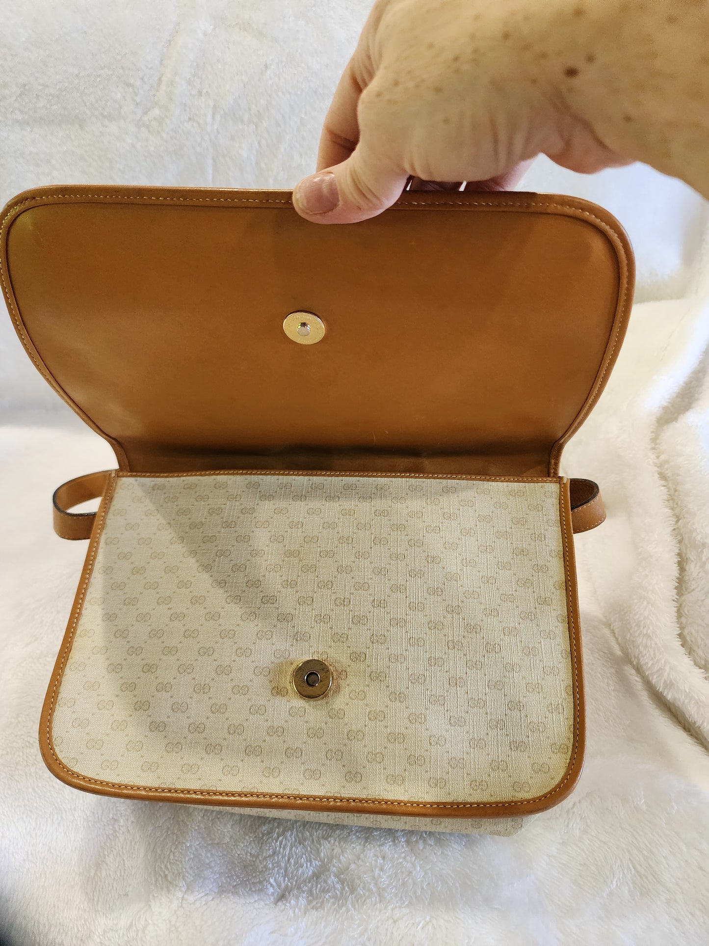Gucci Vintage Handbag Cream Coated Canvas with Micro GG and Caramel Leather Trim