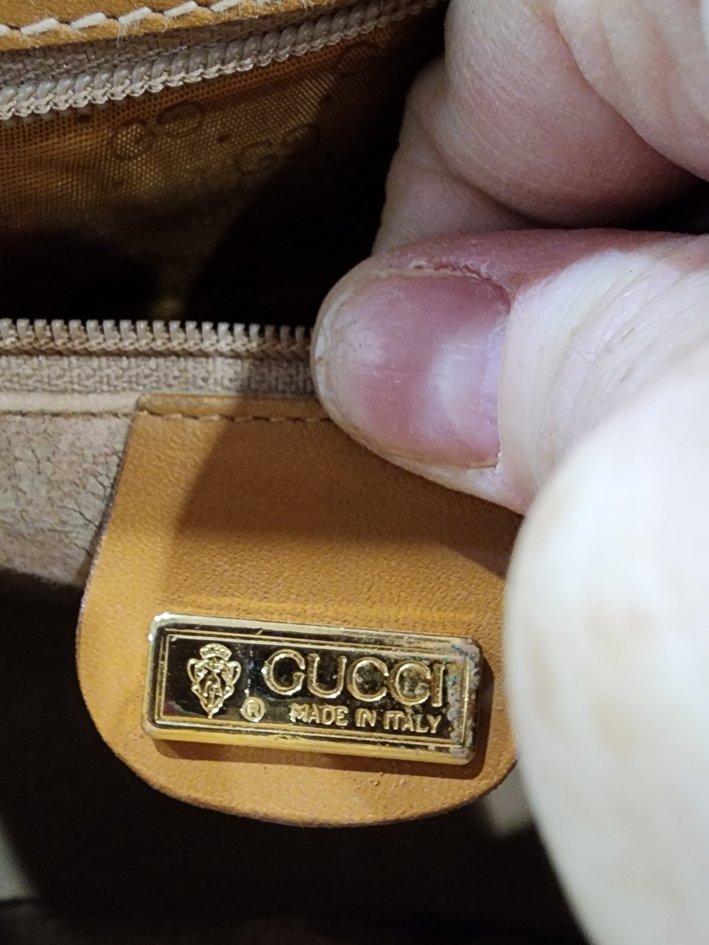 Gucci Vintage Handbag Cream Coated Canvas with Micro GG and Caramel Leather Trim