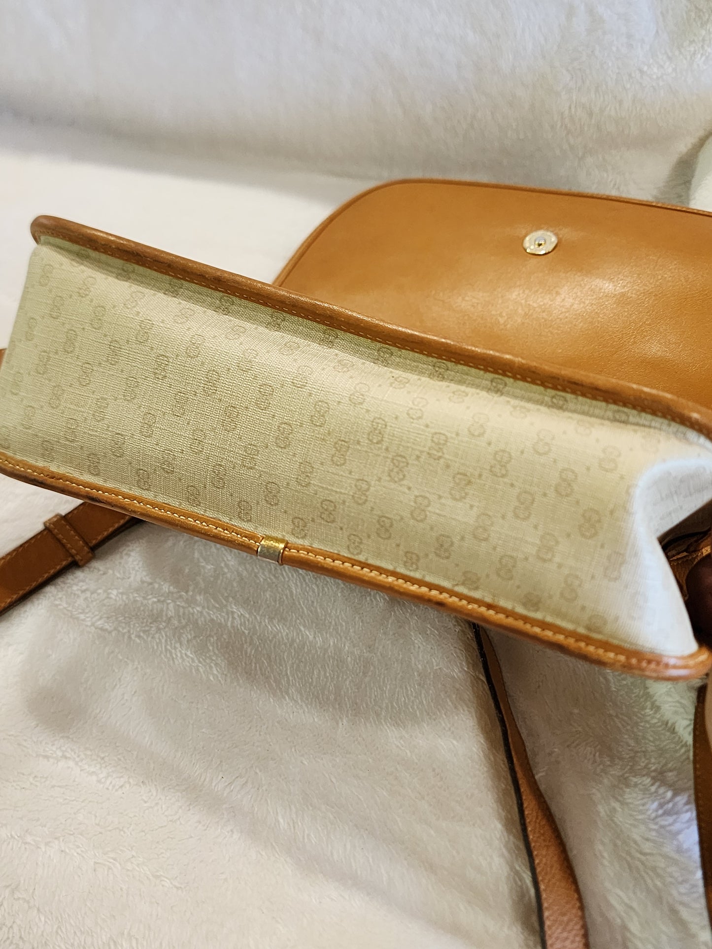 Gucci Vintage Handbag Cream Coated Canvas with Micro GG and Caramel Leather Trim