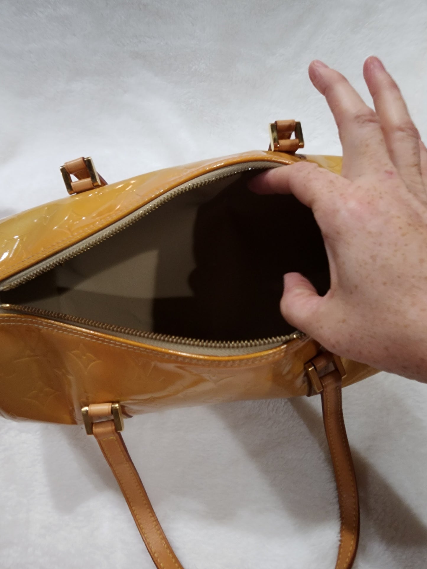 Louis Vuitton Bedford Barrel Bag Monogram Mango Vernis and Vachetta Leather