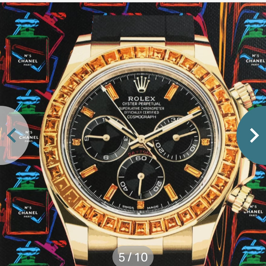 "Death NYC Pop Art Graphic Print Featuring A Rolex Watch with Chanel Perfume, 2023"