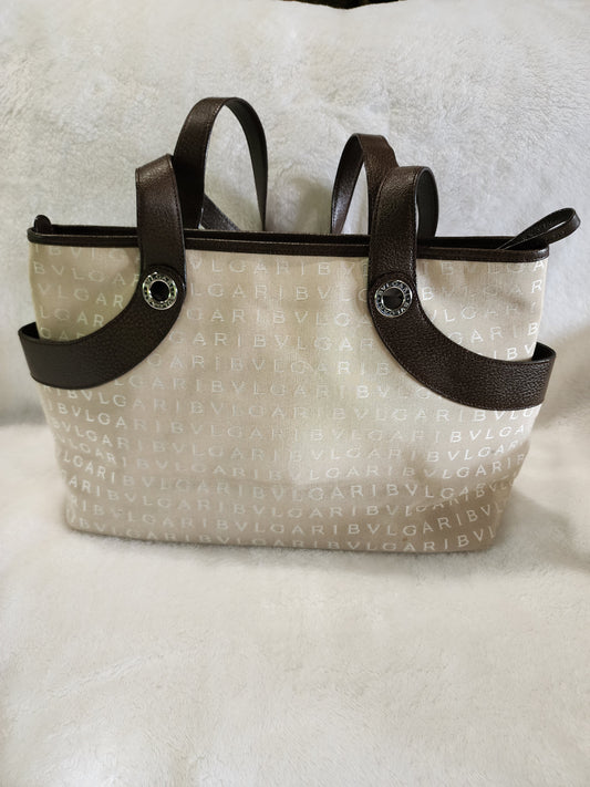 BVLGARI Logomania Handbag in Beige Canvas and Brown Leather