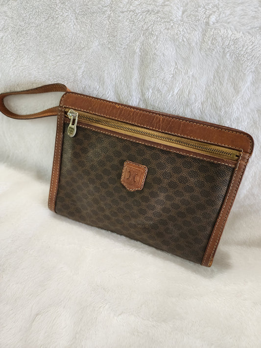 Celine Macadam Wristlet Pouch in Brown Coated Canvas and Leather
