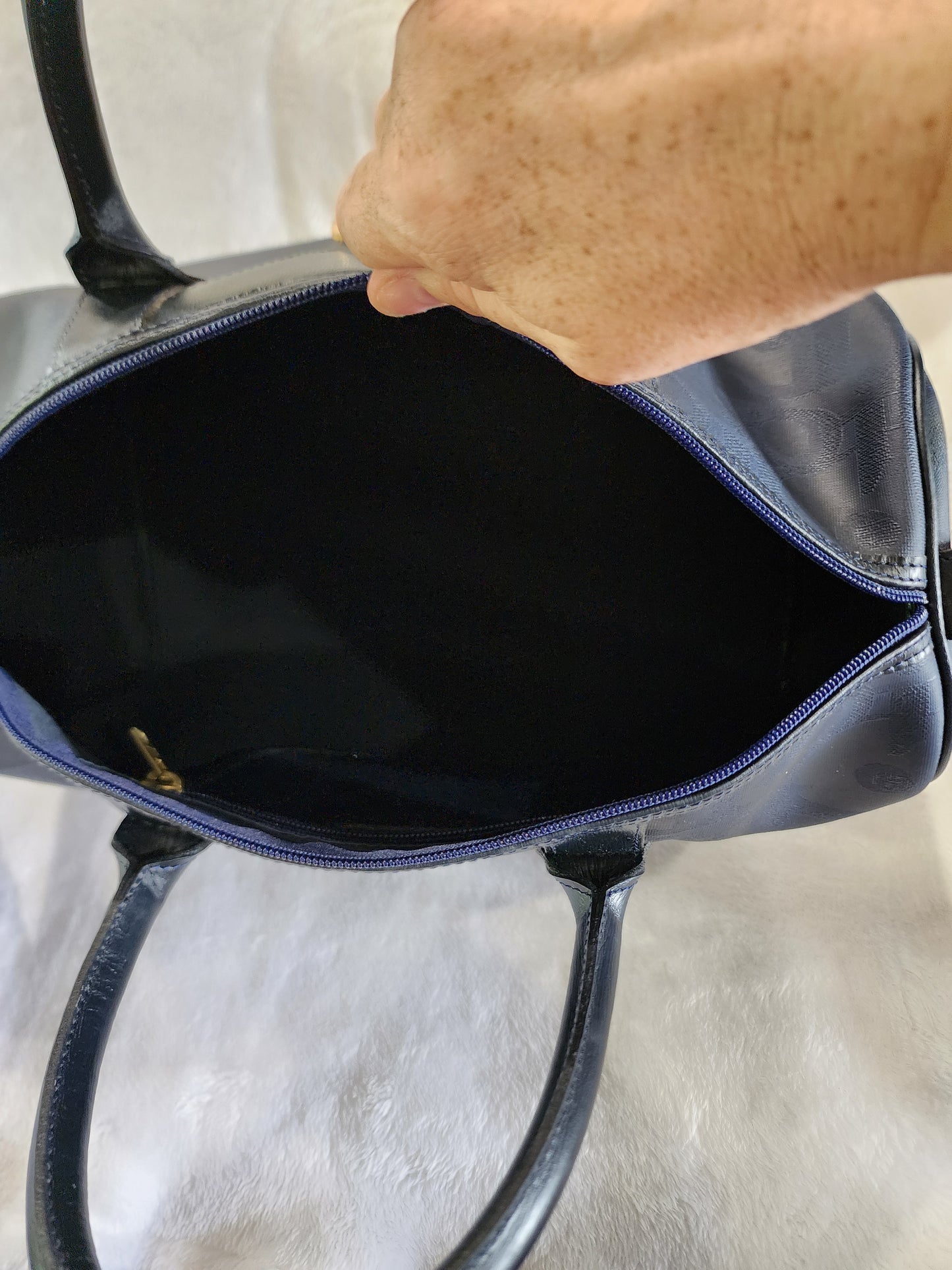 Christian Dior Coated Canvas Boston Bag Diorissimo PVC Leather Navy Gold Vintage