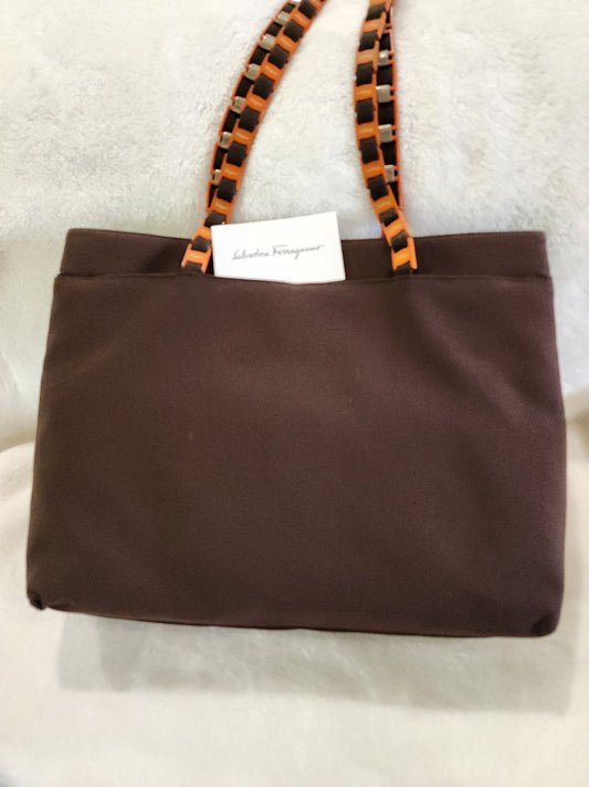 Salvatore Ferragamo Tote Bag in Brown Nylon with Orange Vara Chain Straps