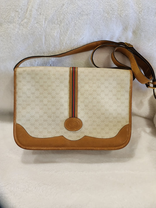 Gucci Vintage Handbag Cream Coated Canvas with Micro GG and Caramel Leather Trim