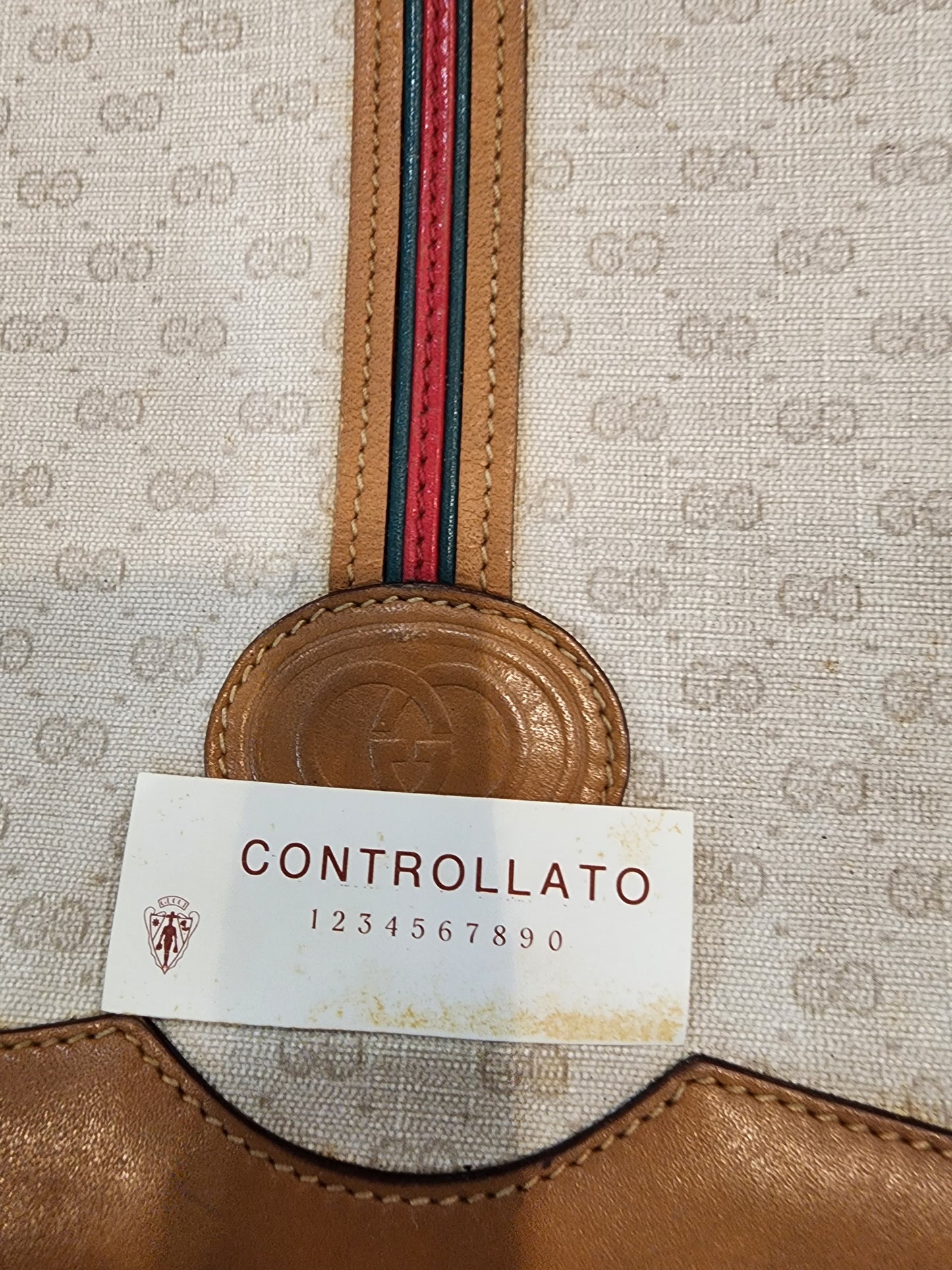 Gucci Vintage Handbag Cream Coated Canvas with Micro GG and Caramel Leather Trim