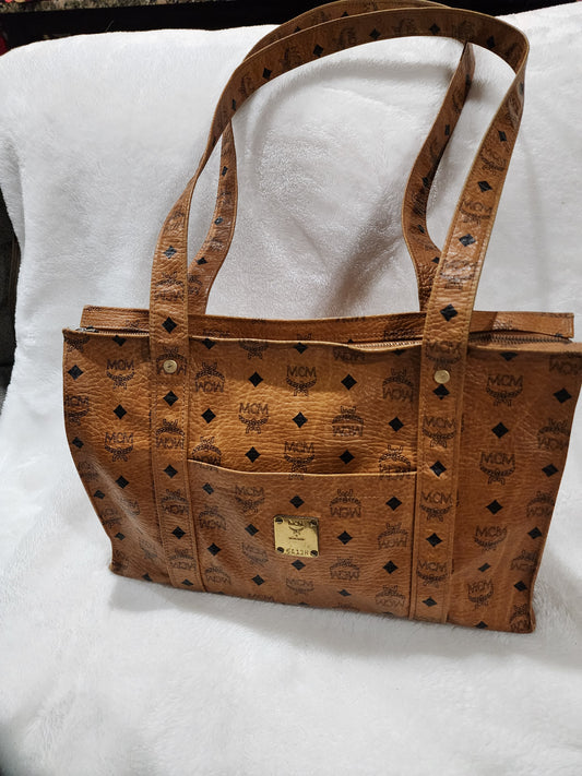 MCM Cognac Visetos Coated Canvas Heritage Top Zip Tote