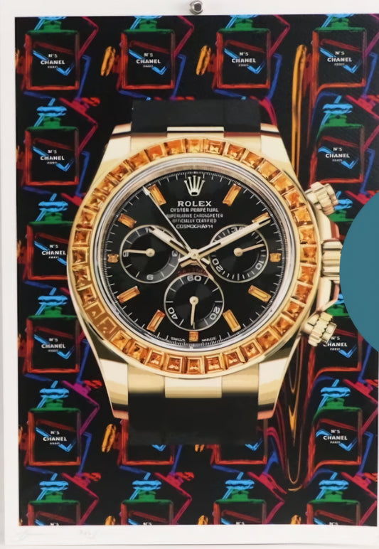 "Death NYC Pop Art Graphic Print Featuring A Rolex Watch with Chanel Perfume, 2023"