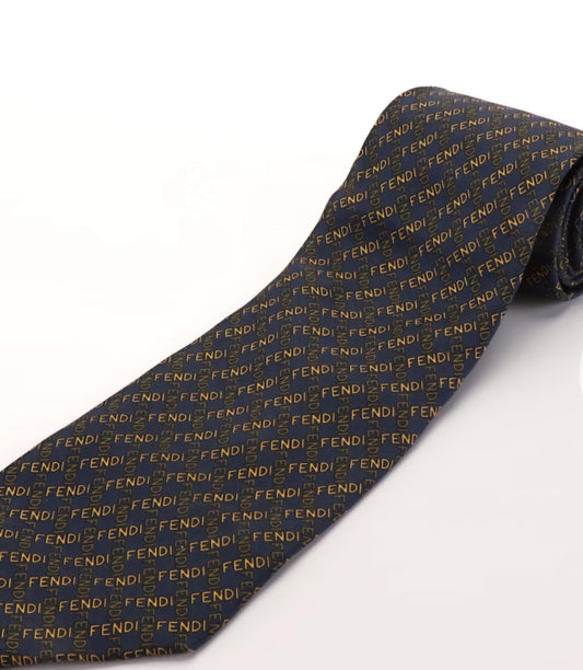Fendi Logo Navy Silk Necktie Vintage